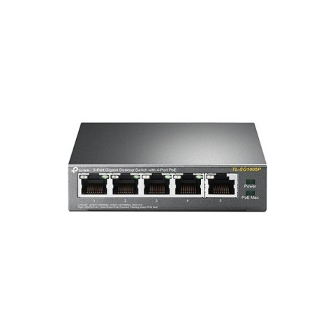 TP-LINK Switch TL-SG1005P Unmanaged, Desktop, 1 Gbps (RJ-45) ports quantity 5, PoE ports quantity 4, Power supply type External TP-LINK Switch TL-SG1005P Unmanaged, Desktop, 1 Gbps (RJ-45) ports quantity 5, PoE ports quantity 4, Power supply type External