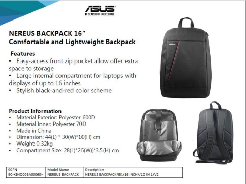 Asus NEREUS Fits up to size 16 ", Black, Backpack Asus NEREUS Fits up to size 16 ", Black, Backpack