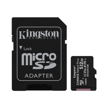 Kingston Canvas Select Plus 512 GB, Micro SD, Flash memory class 10, SD adapter Kingston Canvas Select Plus 512 GB, Micro SD, Flash memory class 10, SD adapter