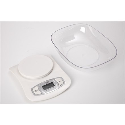 Adler AD 3137 Kitchen scales, Capacity 5 kg , Graduation 1g, Big LCD Display, Auto-zero/Auto-off, Large bowl, Biały Adler Adler Adler AD 3137 Kitchen scales, Capacity 5 kg , Graduation 1g, Big LCD Display, Auto-zero/Auto-off, Large bowl, Biały Adler Adler
