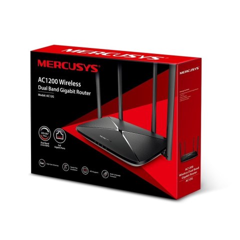 Mercusys AC1200 Wireless Dual Band Gigabit Router AC12G 802.11ac, 300+867 Mbit/s, 10/100/1000 Mbit/s, Ethernet LAN (RJ-45) ports Mercusys AC1200 Wireless Dual Band Gigabit Router AC12G 802.11ac, 300+867 Mbit/s, 10/100/1000 Mbit/s, Ethernet LAN (RJ-45) ports