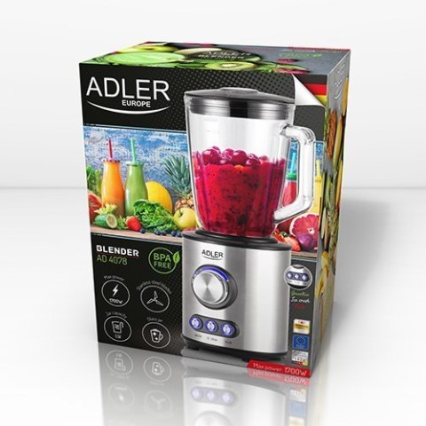 Adler Blender AD 4078 Stand, 1700 W, Material jar(s) Glass, 1.5 L, Ice crushing, Stainless steel Adler Blender AD 4078 Stand, 1700 W, Material jar(s) Glass, 1.5 L, Ice crushing, Stainless steel
