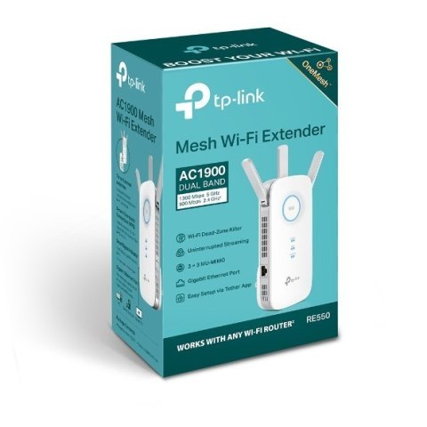 TP-LINK AC1900 Wi-Fi Range Extender RE550 802.11ac, 2GHz/5GHz, 600+1300 Mbit/s, 10/100/1000 Mbit/s, Ethernet LAN (RJ-45) ports 1 TP-LINK AC1900 Wi-Fi Range Extender RE550 802.11ac, 2GHz/5GHz, 600+1300 Mbit/s, 10/100/1000 Mbit/s, Ethernet LAN (RJ-45) ports 1
