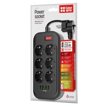 ColorWay Power Socket CW-CHE64B Black, 4xUSB, 2 m, 250 V, 6 euro sockets, 17 W ColorWay Power Socket CW-CHE64B Black, 4xUSB, 2 m, 250 V, 6 euro sockets, 17 W