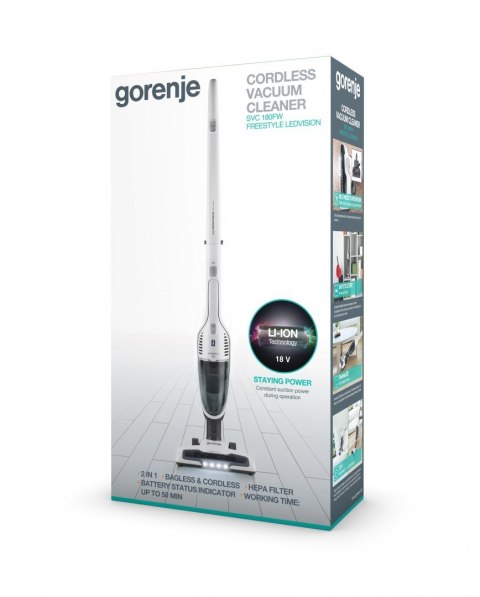 Gorenje Vacuum cleaner SVC180FW Cordless operating, Handstick and Handheld, 18 V, Operating time (max) 50 min, White, Warranty 2 Gorenje Vacuum cleaner SVC180FW Cordless operating, Handstick and Handheld, 18 V, Operating time (max) 50 min, White, Warranty 2