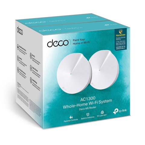 TP-LINK AC1300 Whole Home Mesh Wi-Fi System Deco M5 (2-pack) 802.11ac, 867+400 Mbit/s, 10/100/1000 Mbit/s, Ethernet LAN (RJ-45) TP-LINK AC1300 Whole Home Mesh Wi-Fi System Deco M5 (2-pack) 802.11ac, 867+400 Mbit/s, 10/100/1000 Mbit/s, Ethernet LAN (RJ-45)