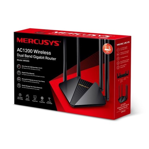 Mercusys AC1200 Wireless Dual Band Gigabit Router MR30G 802.11ac, 867+300 Mbit/s, Ethernet LAN (RJ-45) ports 2× Gigabit LAN Port Mercusys AC1200 Wireless Dual Band Gigabit Router MR30G 802.11ac, 867+300 Mbit/s, Ethernet LAN (RJ-45) ports 2× Gigabit LAN Port