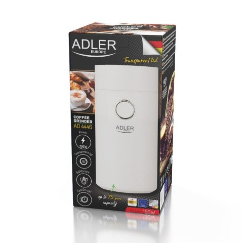 Adler Coffee Mill AD 4446ws 150 W, Coffee beans capacity 75 g, White Adler Coffee Mill AD 4446ws 150 W, Coffee beans capacity 75 g, White