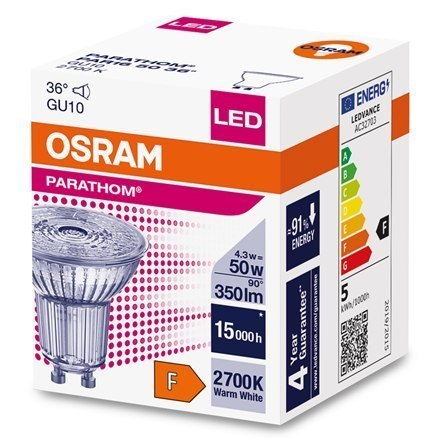 Osram Parathom Reflector LED 50 non-dim 36° 4,3W/827 GU10 bulb Osram Parathom Reflector LED 50 non-dim 36° 4,3W/827 GU10 bulb
