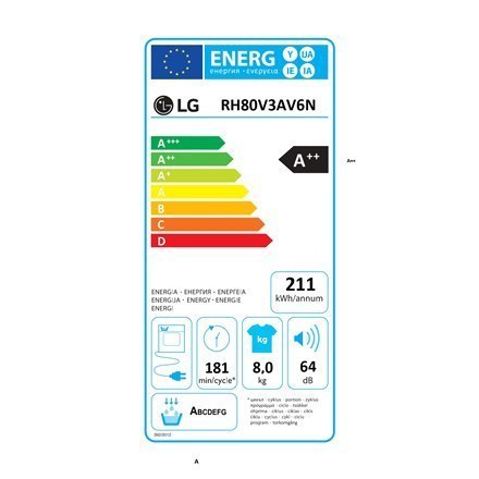 LG Dryer Machine RH80V3AV6N Energy efficiency class A++, Front loading, 8 kg, LED, Depth 69 cm, Wi-Fi, White LG Dryer Machine RH80V3AV6N Energy efficiency class A++, Front loading, 8 kg, LED, Depth 69 cm, Wi-Fi, White