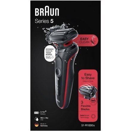 Braun Shaver 51-R1000s Operating time (max) 50 min, Wet & Dry, Black/Red Braun Shaver 51-R1000s Operating time (max) 50 min, Wet & Dry, Black/Red