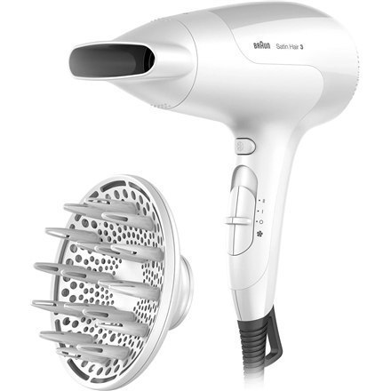 Braun Hair Dryer HD385 2000 W, Number of temperature settings 3, Ionic function, Diffuser nozzle, White Braun Hair Dryer HD385 2000 W, Number of temperature settings 3, Ionic function, Diffuser nozzle, White