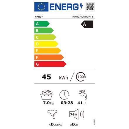 Candy Washing Machine RO41276DWMCRT-S Energy efficiency class A, Front loading, Washing capacity 7 kg, 1200 RPM, Depth 45 cm, Wi Candy Washing Machine RO41276DWMCRT-S Energy efficiency class A, Front loading, Washing capacity 7 kg, 1200 RPM, Depth 45 cm, Wi