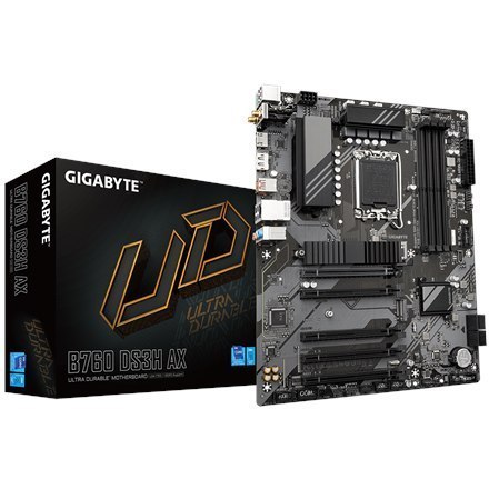 Gigabyte B760 DS3H AX 1.x M/B Processor family Intel, Processor socket LGA1700, DDR5 DIMM, Memory slots 4, Supported hard disk Gigabyte B760 DS3H AX 1.x M/B Processor family Intel, Processor socket LGA1700, DDR5 DIMM, Memory slots 4, Supported hard disk