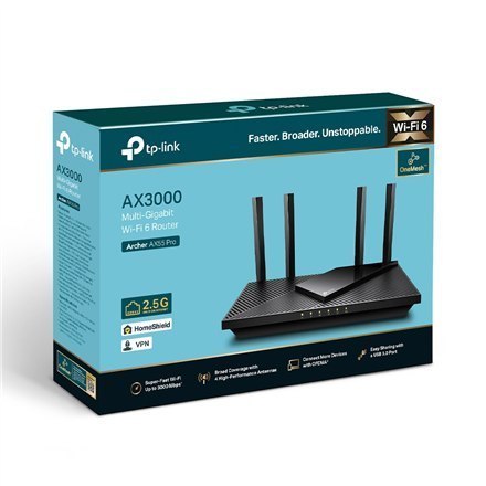TP-LINK AX3000 Dual Band Gigabit Wi-Fi 6 Router Archer AX55 Pro 802.11ax, 574+2402 Mbit/s, 10/100/1000 Mbit/s, Ethernet LAN (RJ TP-LINK AX3000 Dual Band Gigabit Wi-Fi 6 Router Archer AX55 Pro 802.11ax, 574+2402 Mbit/s, 10/100/1000 Mbit/s, Ethernet LAN (RJ