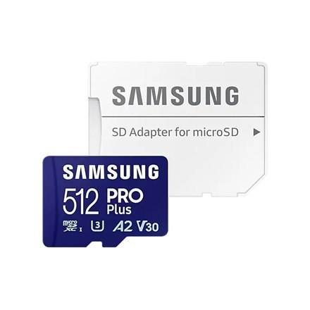 Samsung PRO Plus microSD Card with Adapter 512 GB, MicroSDXC, Flash memory class U3, V30, A2 Samsung PRO Plus microSD Card with Adapter 512 GB, MicroSDXC, Flash memory class U3, V30, A2
