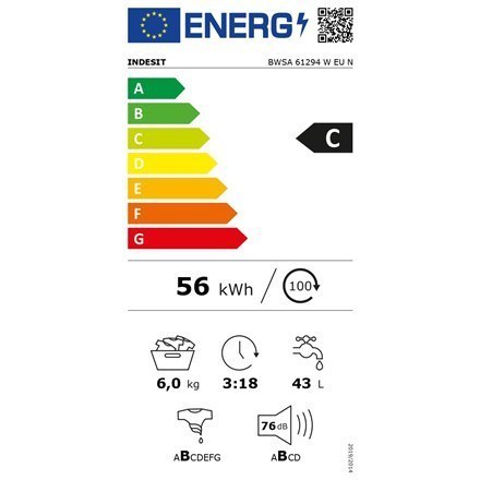 INDESIT Washing machine BWSA 61294 W EU N Energy efficiency class C, Front loading, Washing capacity 6 kg, 1151 RPM, Depth 42.5 INDESIT Washing machine BWSA 61294 W EU N Energy efficiency class C, Front loading, Washing capacity 6 kg, 1151 RPM, Depth 42.5