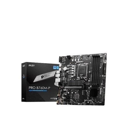 MSI PRO B760M-P Processor family Intel, Processor socket LGA1700, DDR5 DIMM, Memory slots 4, Supported hard disk drive interfac MSI PRO B760M-P Processor family Intel, Processor socket LGA1700, DDR5 DIMM, Memory slots 4, Supported hard disk drive interfac