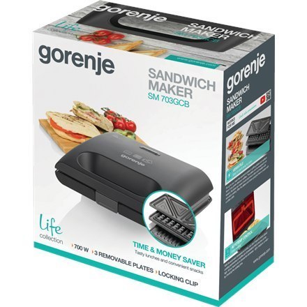 Gorenje Sandwich maker SM703GCB 700 W, Number of plates 3, Number of pastry 2, Black Gorenje Sandwich maker SM703GCB 700 W, Number of plates 3, Number of pastry 2, Black