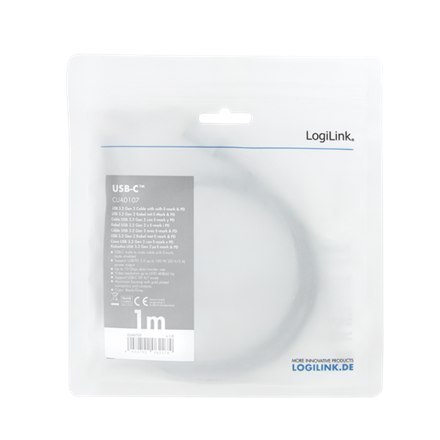 Logilink USB 3.2 Gen 2 cable, C/M to C/M, 4K/60Hz, PD,alu CUA0107 1 m, USB-C male, USB-C male Logilink USB 3.2 Gen 2 cable, C/M to C/M, 4K/60Hz, PD,alu CUA0107 1 m, USB-C male, USB-C male
