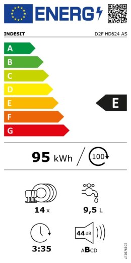 INDESIT | Dishwasher | D2F HD624 AS | Free standing | Width 60 cm | Number of place settings 14 | Number of programs 9 | Energy 