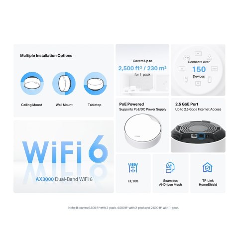 AX3000 Whole Home WiFi 6 System with PoE | Deco X50-PoE (1-pack) | 802.11ax | Ethernet LAN (RJ-45) ports 1 | Mesh Support Yes | AX3000 Whole Home WiFi 6 System with PoE | Deco X50-PoE (1-pack) | 802.11ax | Ethernet LAN (RJ-45) ports 1 | Mesh Support Yes |