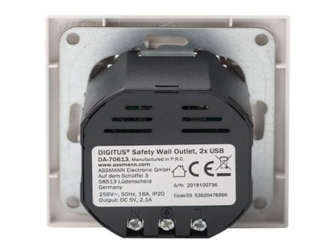 Gniazdo bezpieczeństwa do montażu podtynkowego z 2 portami USB | DA-70613 Gniazdo bezpieczeństwa do montażu podtynkowego z 2 portami USB | DA-70613