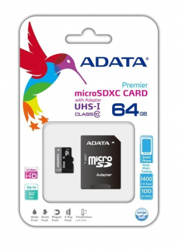 ADATA Premier UHS-I 64 GB, MicroSDXC, Flash memory class 10, SD adapter